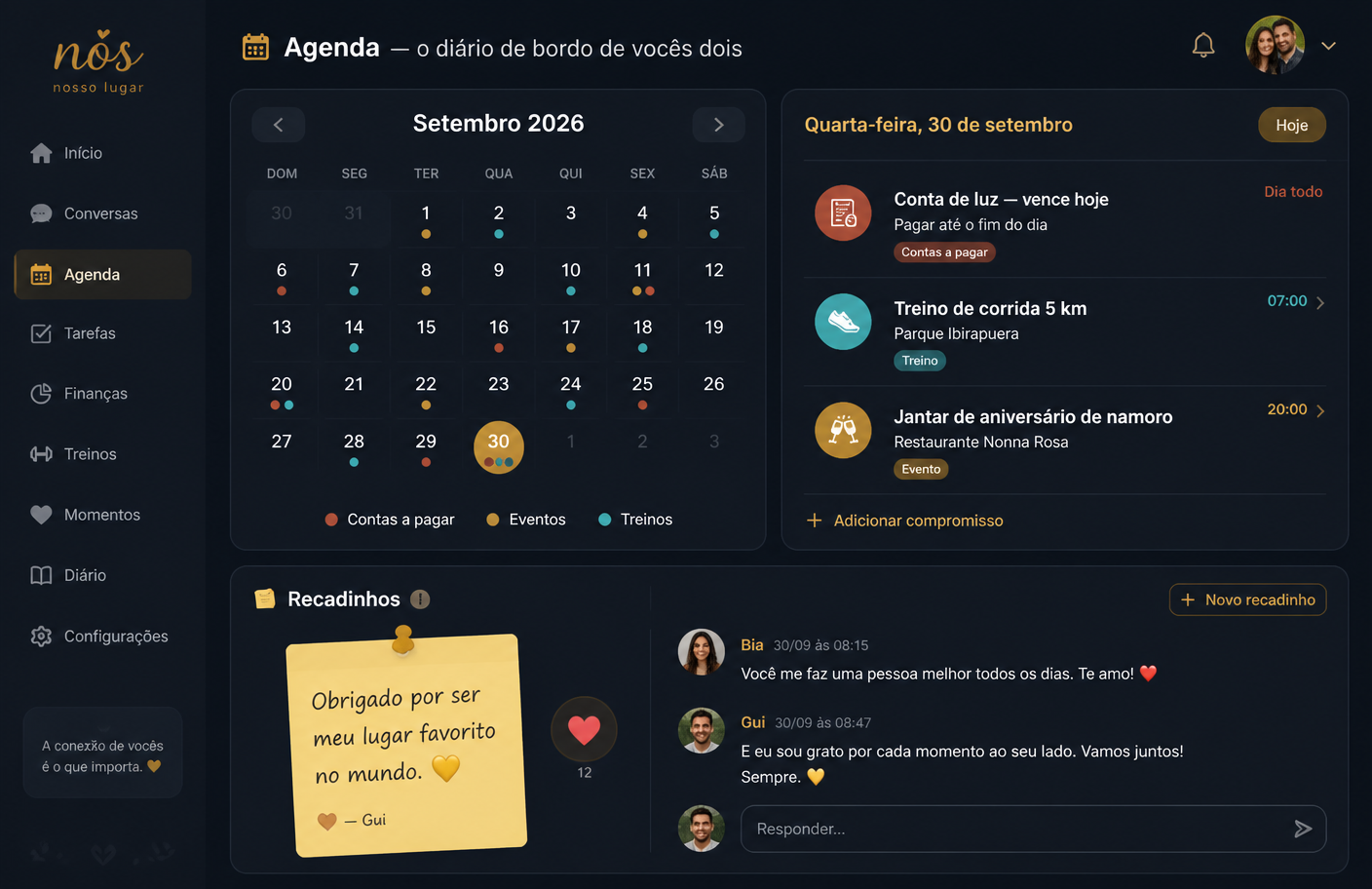 Agenda do casal com calendário e recadinhos