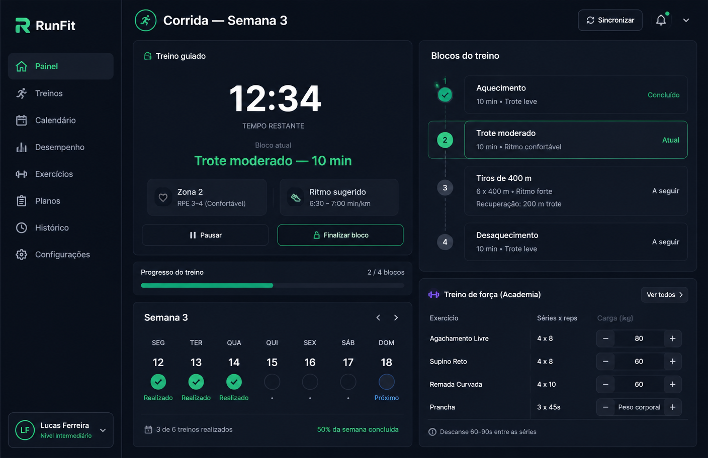 Treino de corrida guiado com timer e blocos